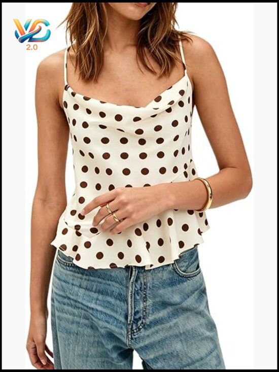 Tops - Polka Dot Satin Tank Top Cowl Neck Spaghetti Strap Camisole Tie Back Ruffle Hem